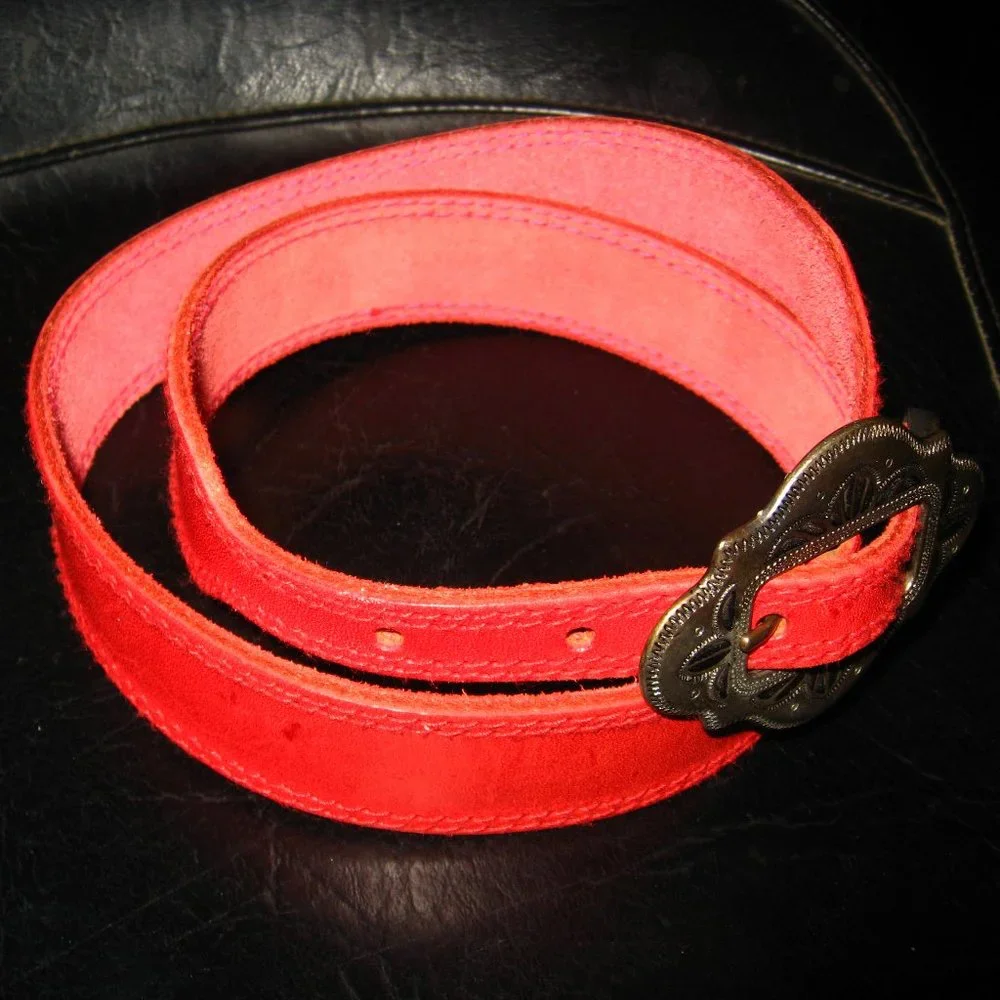 Liz Claiborne Red Suede Belt with Antique Brass Buckle